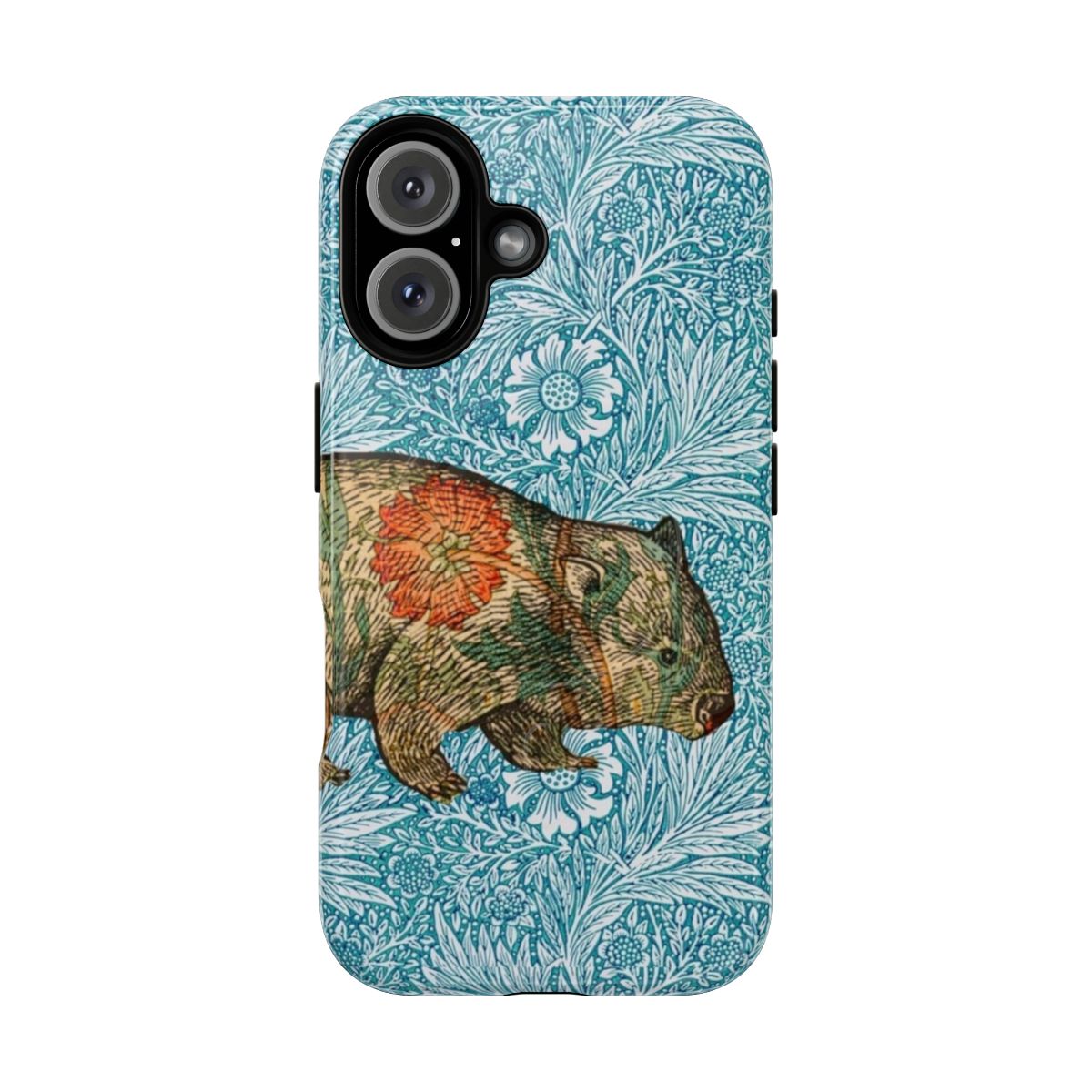 A blue and marigold magnetic tough phone case featuring a whimsical wombat illustration in the style of the Pre-Raphaelite artists.