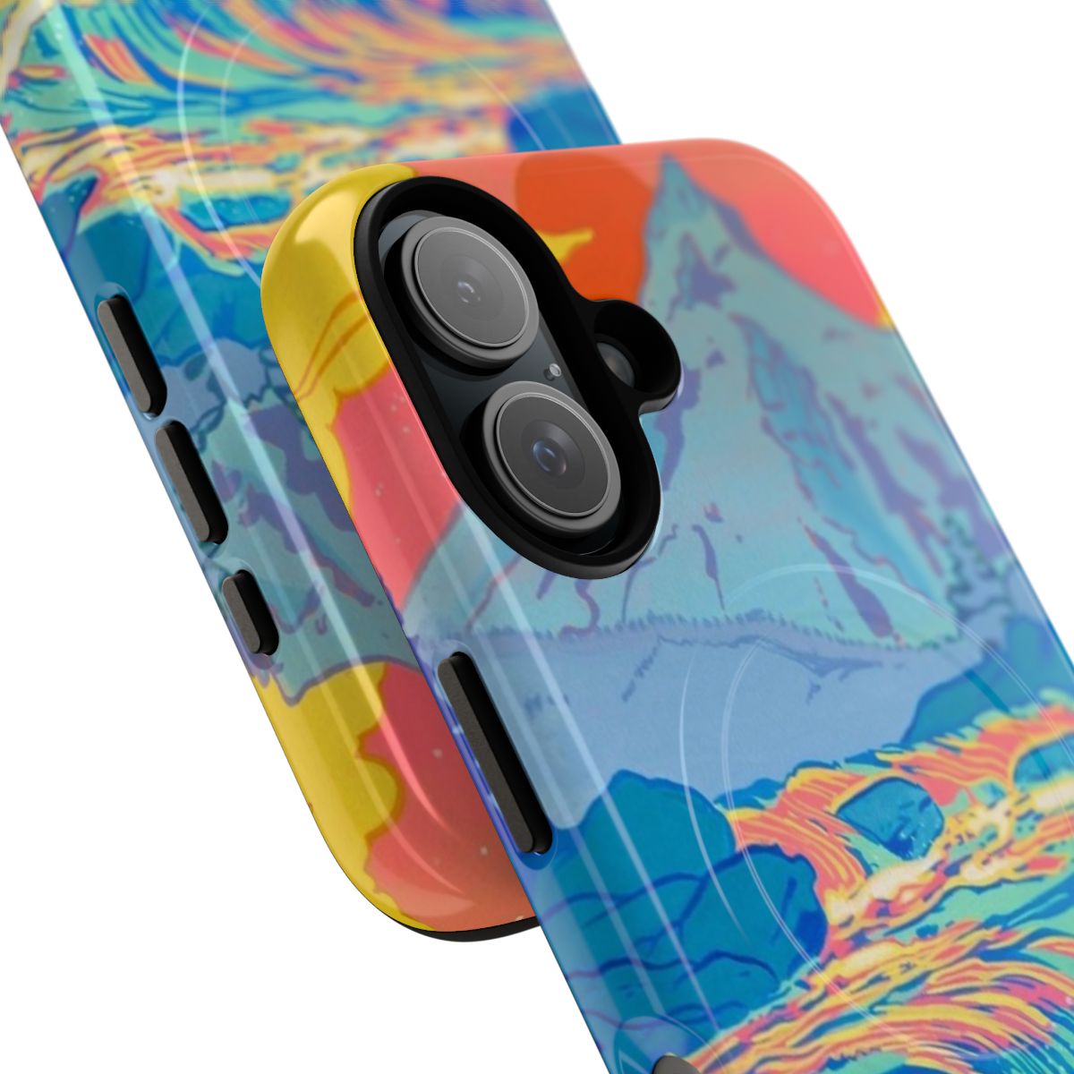 Colorful and vibrant phone case featuring a pop art style landscape with a rushing river and pastel colors - Detail