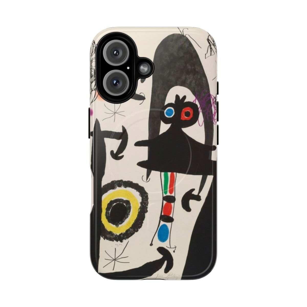 Abstract phone case design inspired by the surrealist artwork of Spanish artist Joan Miro.