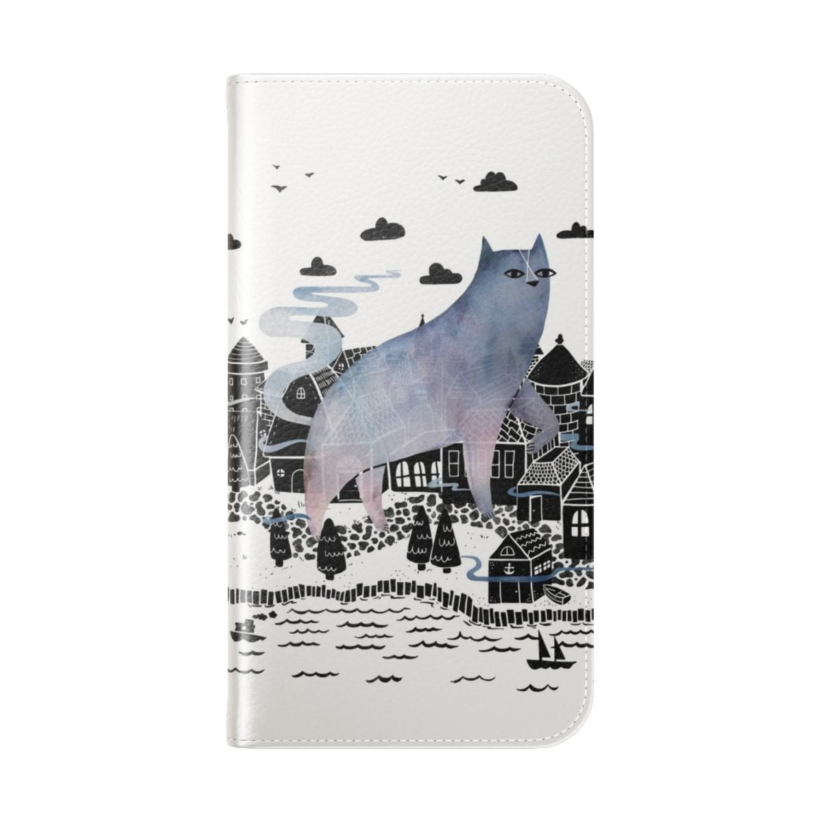 A moody and mystical flip cover phone case featuring a watercolor landscape of a foggy town. - Folded Back