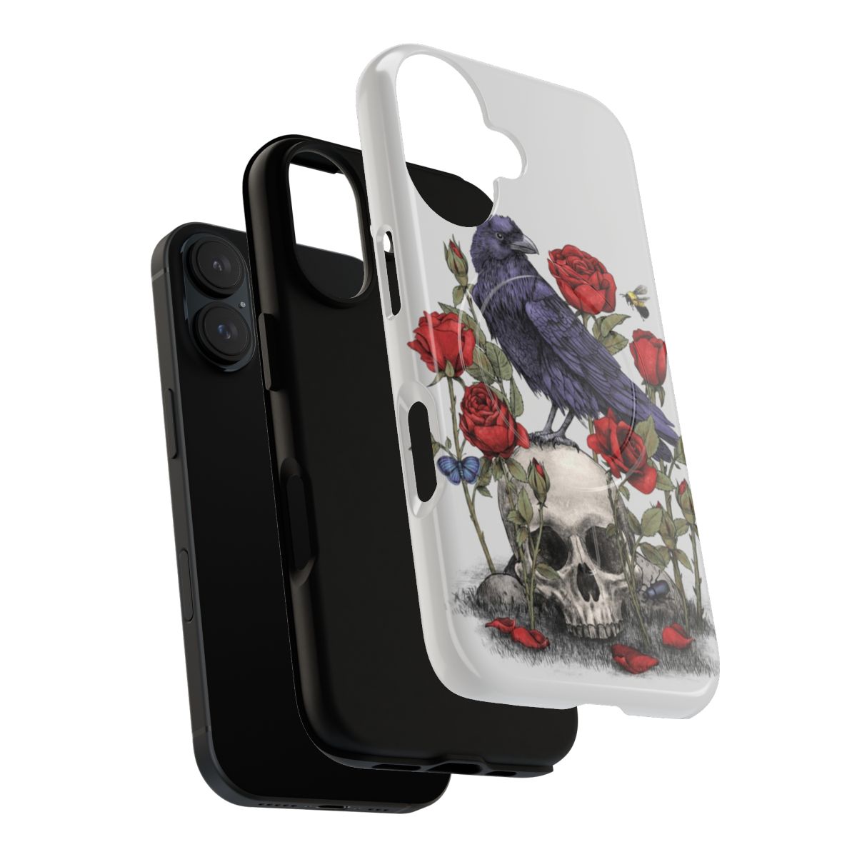 Memento mori inspired phone case with ravens, skulls, and floral design - Layers