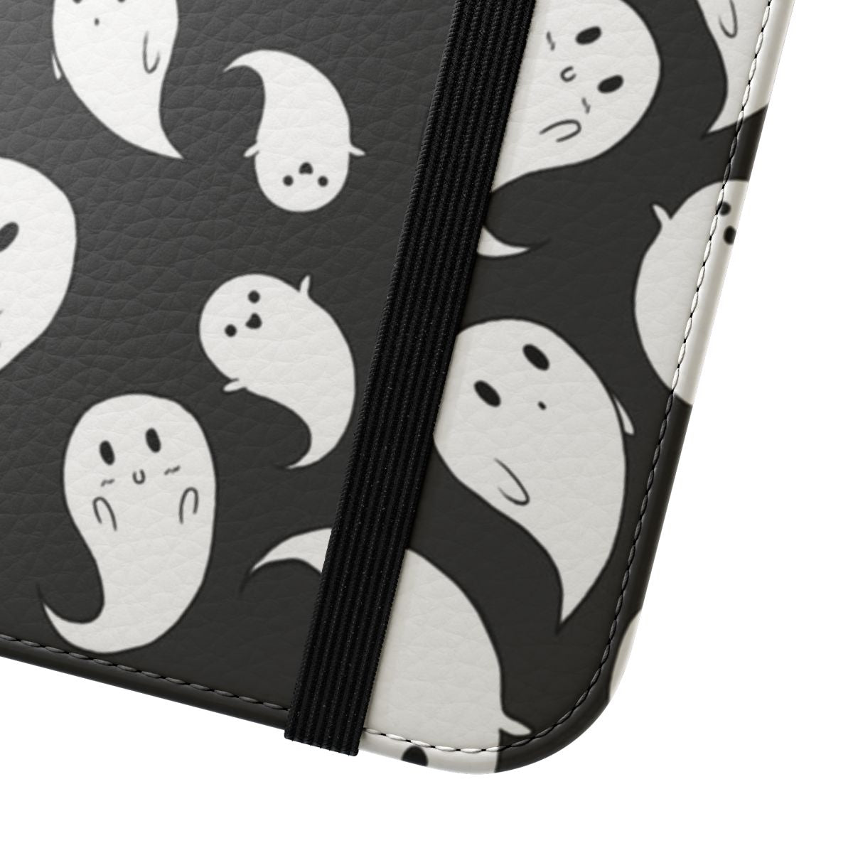 Paisley-patterned flip cover phone case with a spooky, ghostly theme - Close Up