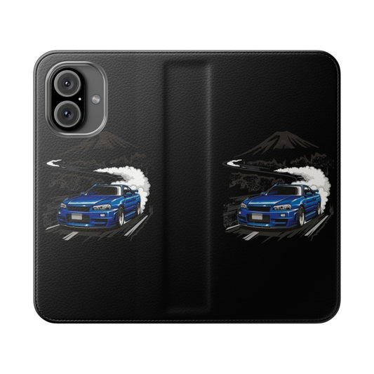 Blue Nissan Skyline R34 inspired flip cover phone case