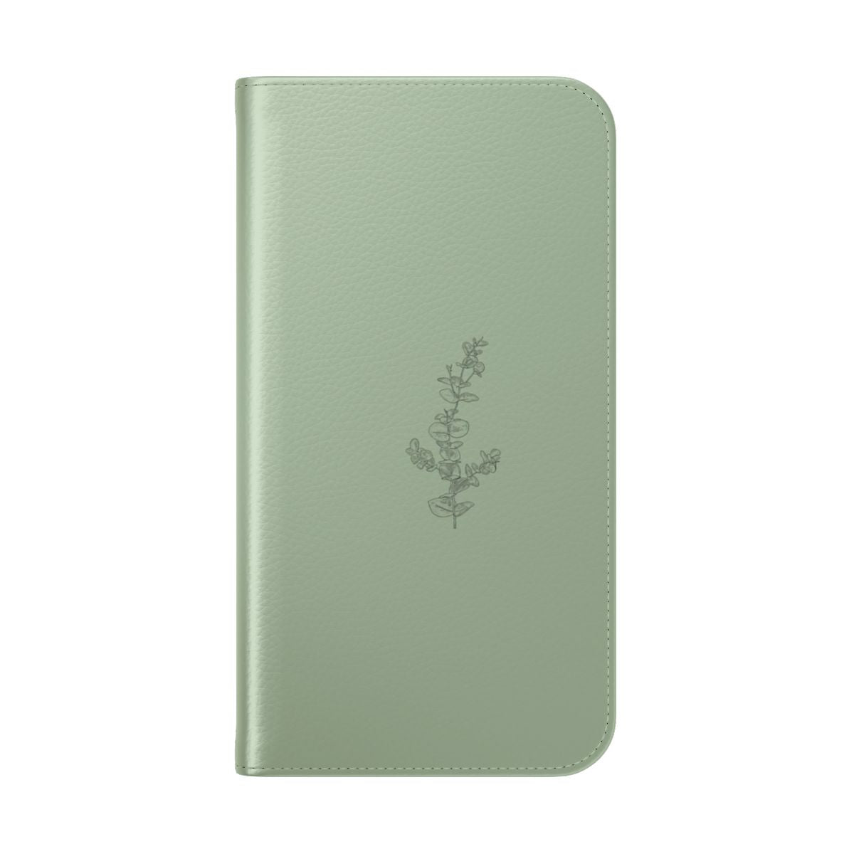 Eco-friendly flip cover phone case with a botanical eucalyptus green twig design - Folded Back