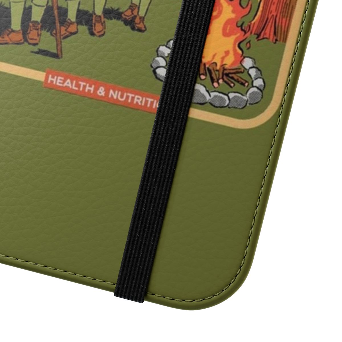 Flip phone case featuring a vintage Bigfoot camping scene with nature elements. - Close Up