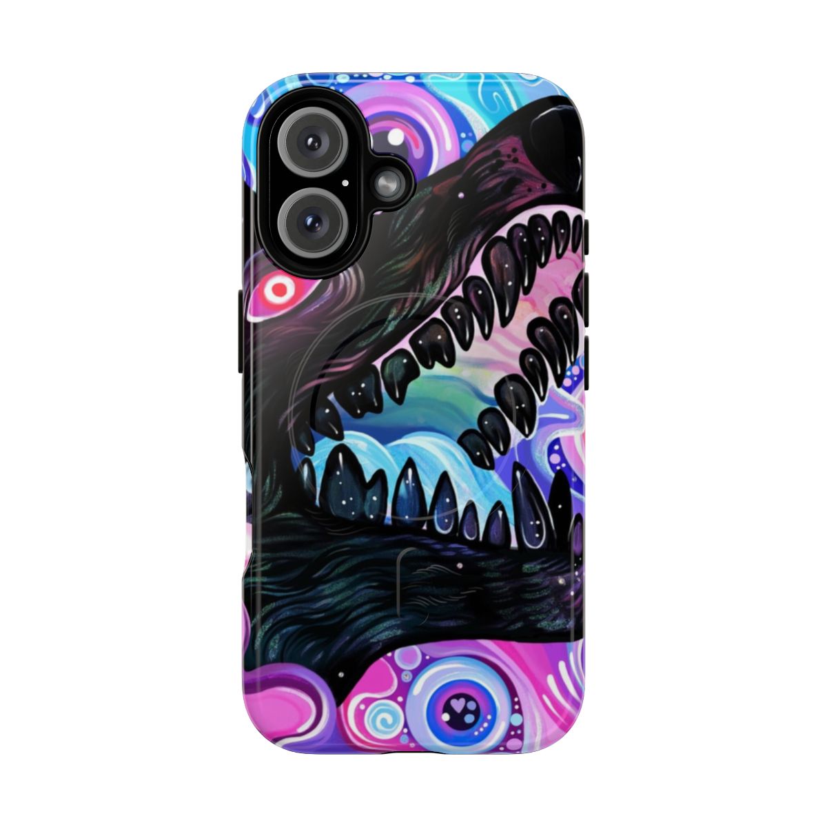 Colorful trippy phone case with a glittery wolf design and psychedelic animal details