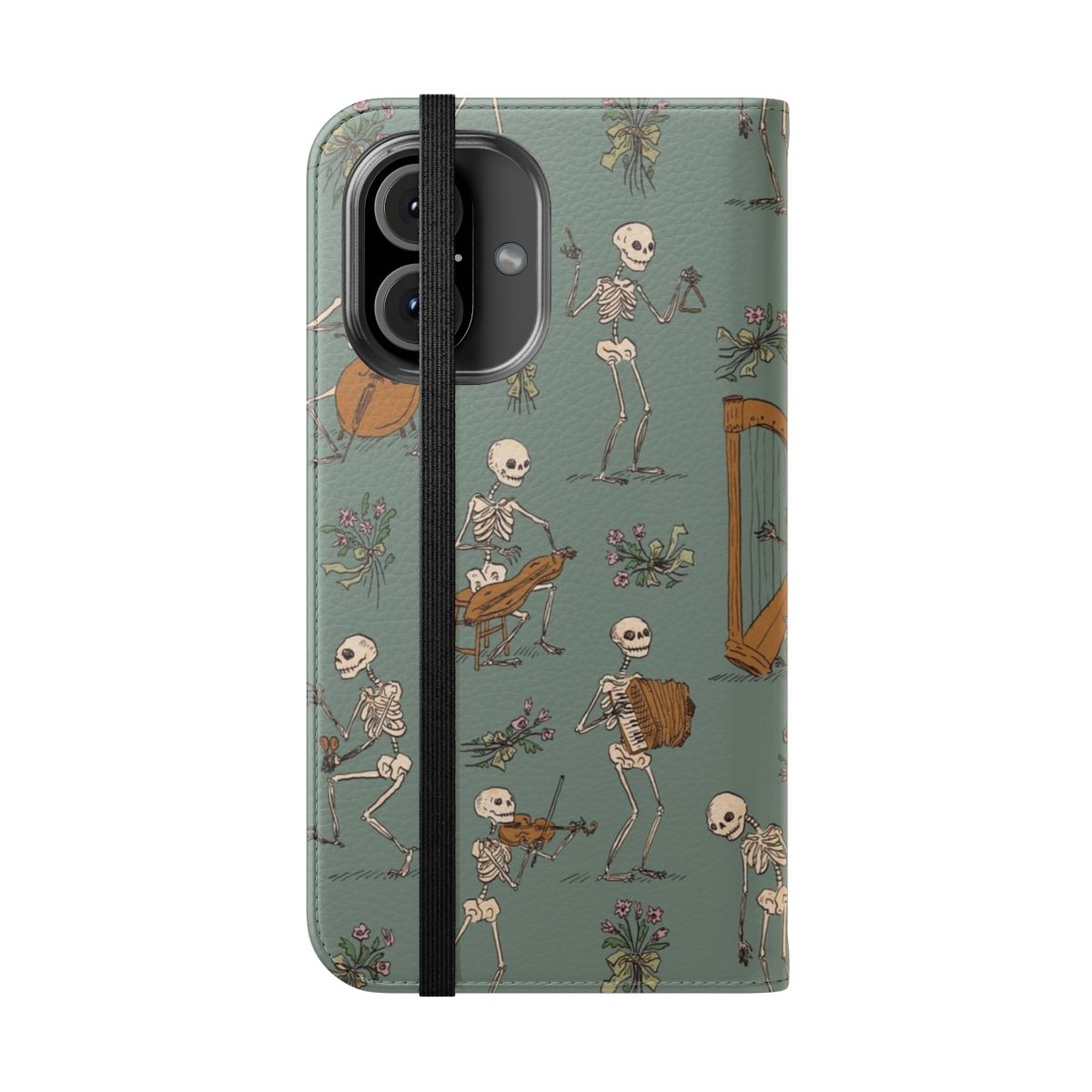 Skeleton orchestra-themed phone case cover with various musical instruments - Folded Front