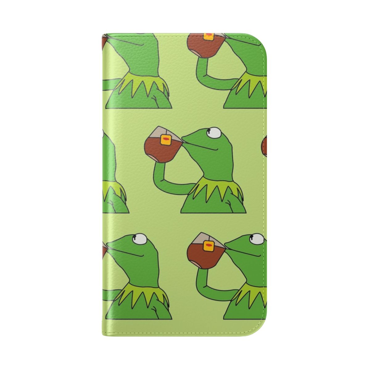 Flip phone case featuring Kermit the Frog sipping and spilling tea, a popular internet meme. - Folded Back