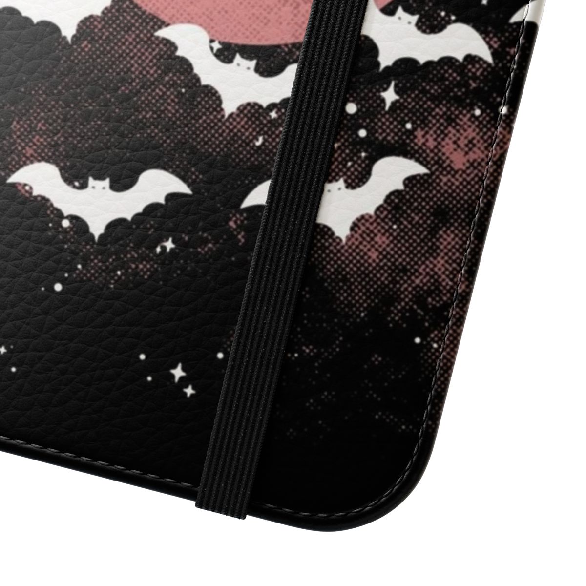 Flip cover phone case with a gothic bat design against a night sky - Close Up