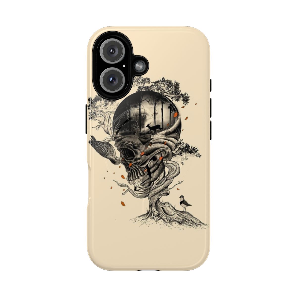 Surreal nature-inspired phone case with abstract floral, bird, and deer designs in black, white, and red