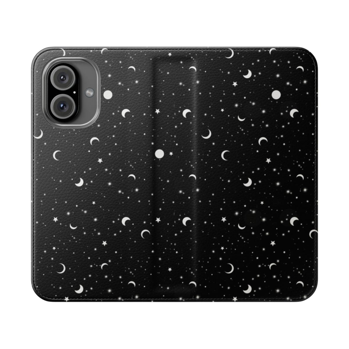 Black universe-themed phone case with a patterned galaxy, moon, and stars design