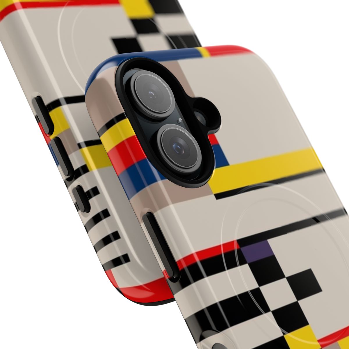 Asymmetric phone case with Bauhaus-inspired geometric design in primary colors - Detail