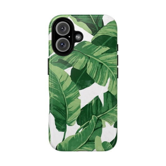 Tropical phone case featuring a vibrant watercolor design of banana leaves and nature elements.