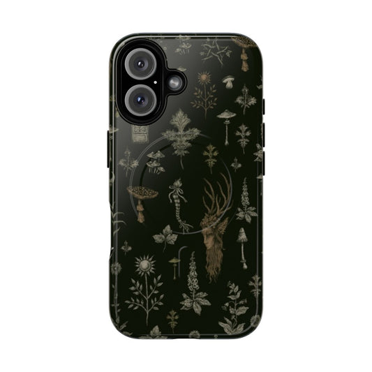 Magnetic phone case featuring a mystical forest and field design with nature elements like deer, oak trees, and mushrooms.