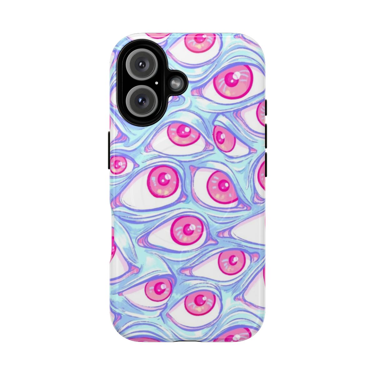 A phone case with a repeating pattern of bizarre, spooky eyeballs in shades of blue.