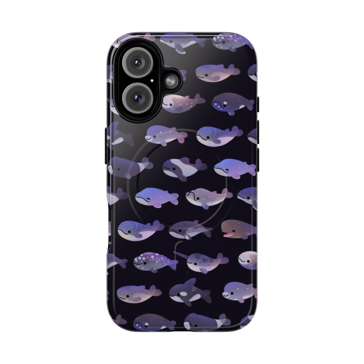 Whale-themed magnetic tough phone case with various whale and dolphin species