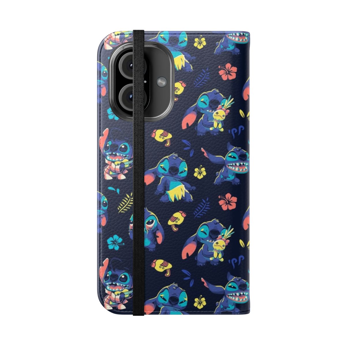 Colorful flip phone case with a cute stitch-inspired cartoon design featuring an alien-like character and Hawaiian elements - Folded Front