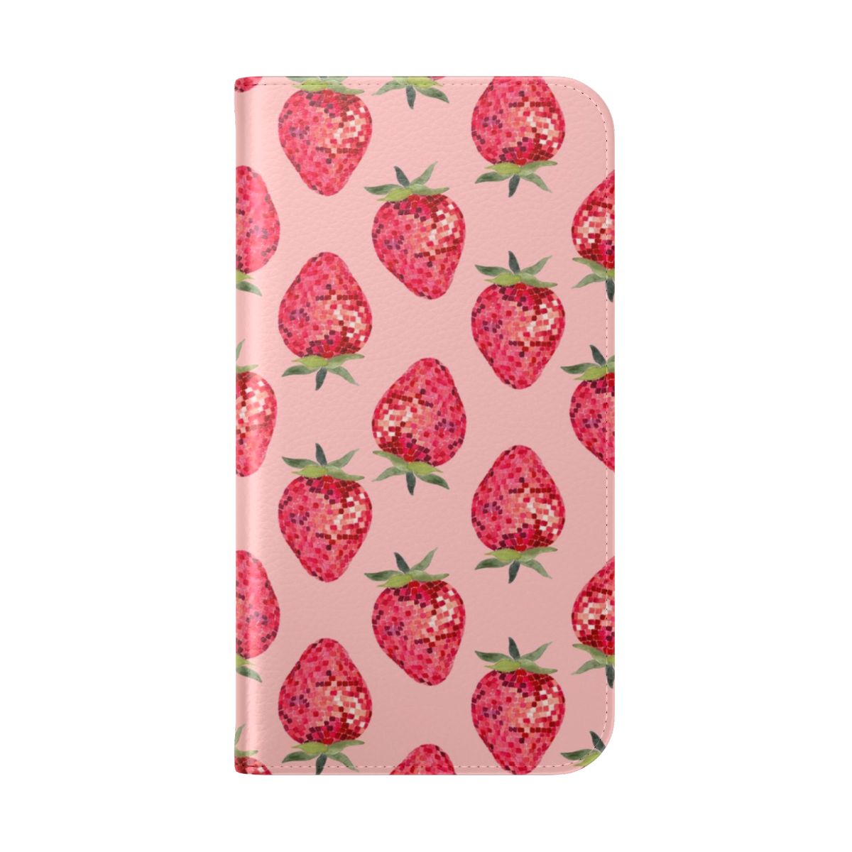 A vibrant pink phone case with a disco ball and strawberry design, perfect for a retro or summer aesthetic. - Folded Back