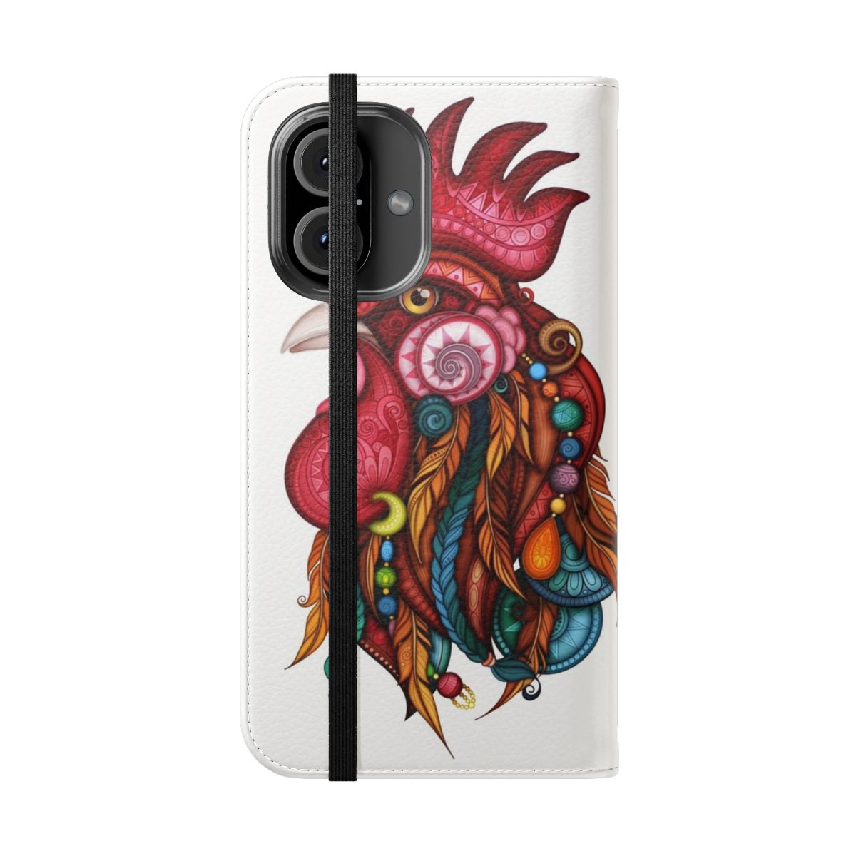 Tribal-patterned flip phone case cover with a rooster design - Folded Front