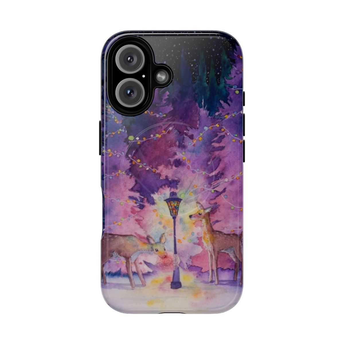 Merry and bright iridescent phone case with a dreamy winter scene featuring a deer in the woods