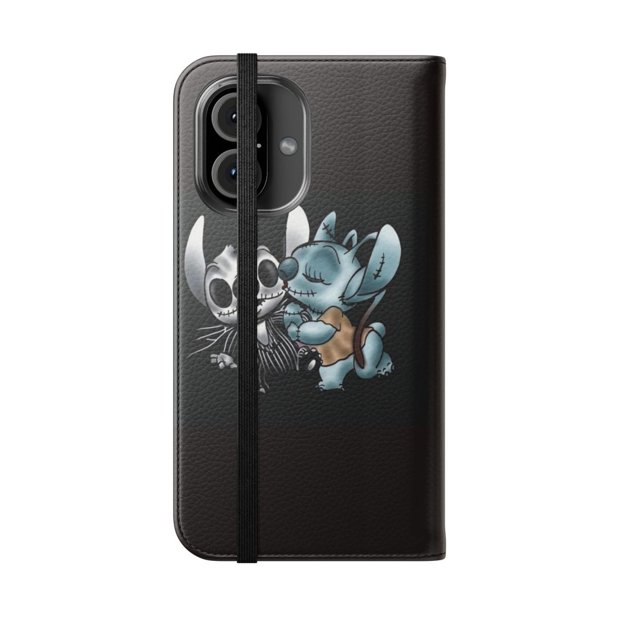 Halloween-themed phone case featuring Stitch and an angel character from The Nightmare Before Christmas - Folded Front