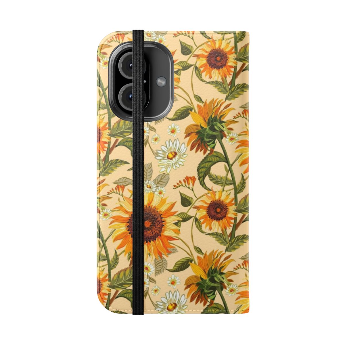 Colorful sunflower phone case with a retro 70s vintage floral pattern in yellow and orange hues - Folded Front