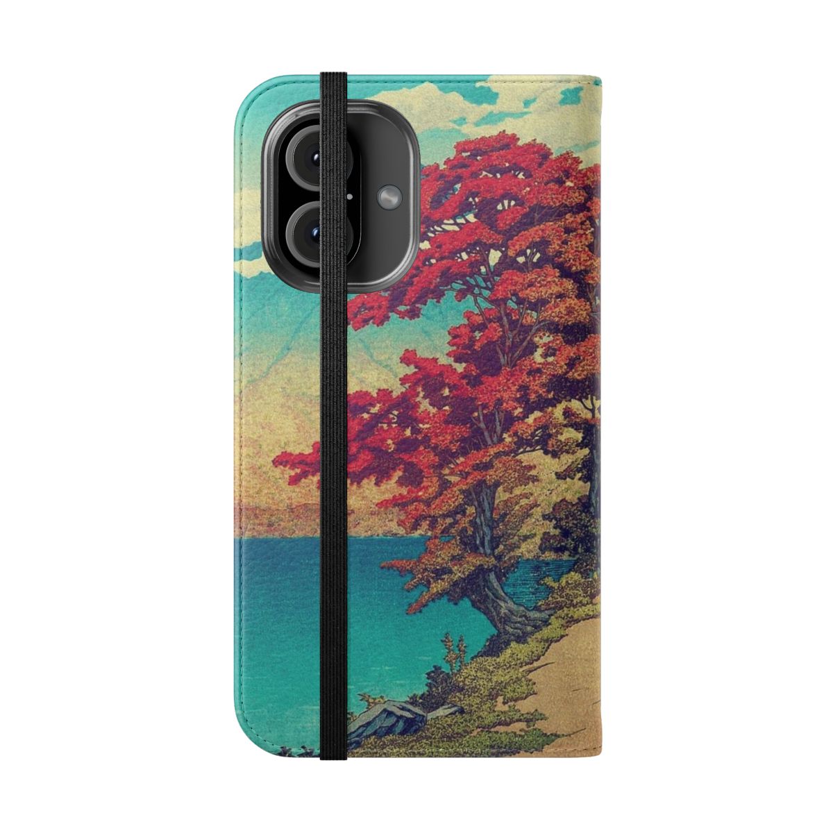 Artistic Japanese landscape phone case cover with a vintage ukiyo-e style mountain and lake scene. - Folded Front