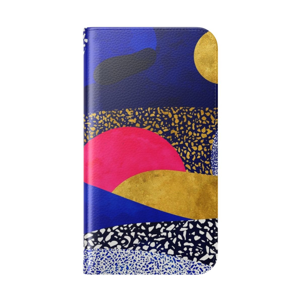 Terrazzo galaxy midnight blue, yellow, and rose gold flip cover phone case - Folded Back