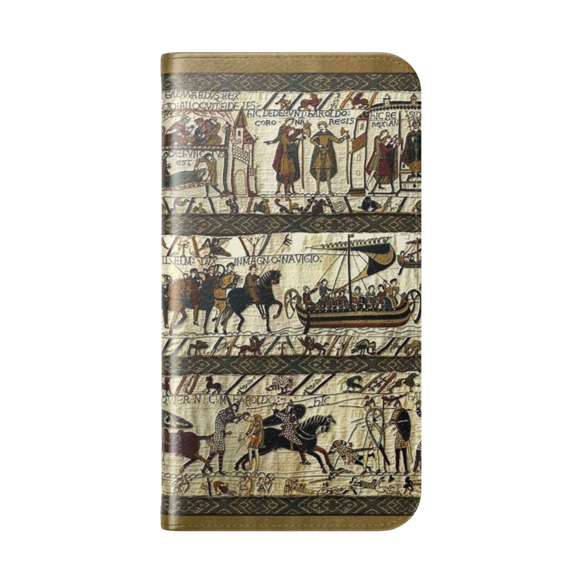 Flip cover phone case featuring a medieval-inspired design inspired by the Bayeux Tapestry - Folded Back