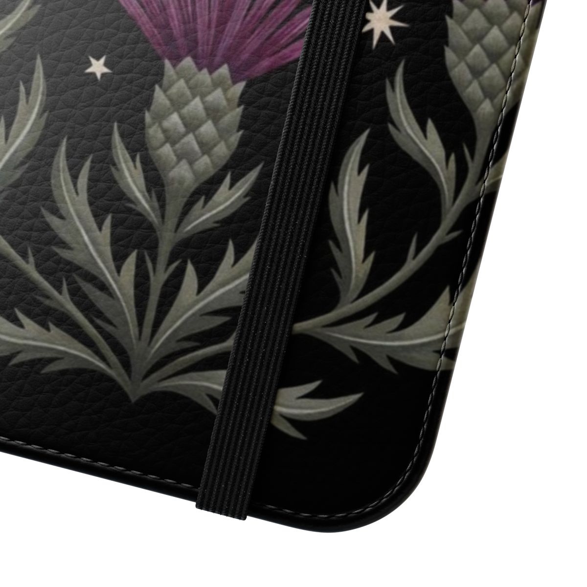 A phone case featuring a moth, crescent moon, and thistle flowers in a mystical, nature-inspired design. - Close Up