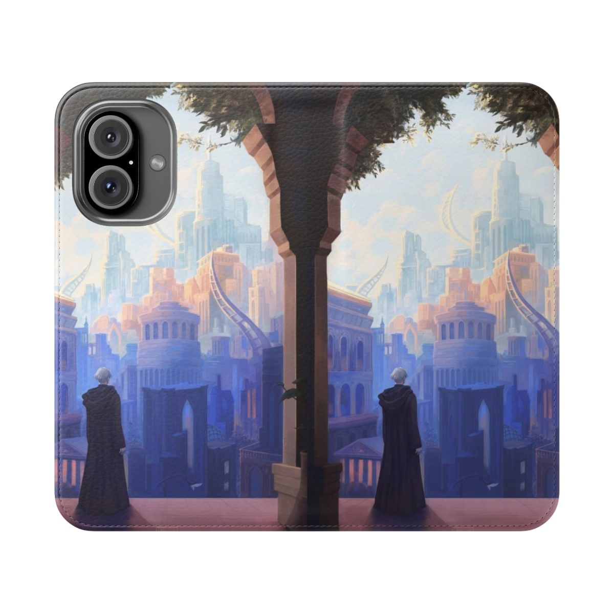 Detailed phone case design featuring a fantasy cityscape with architectural elements and characters