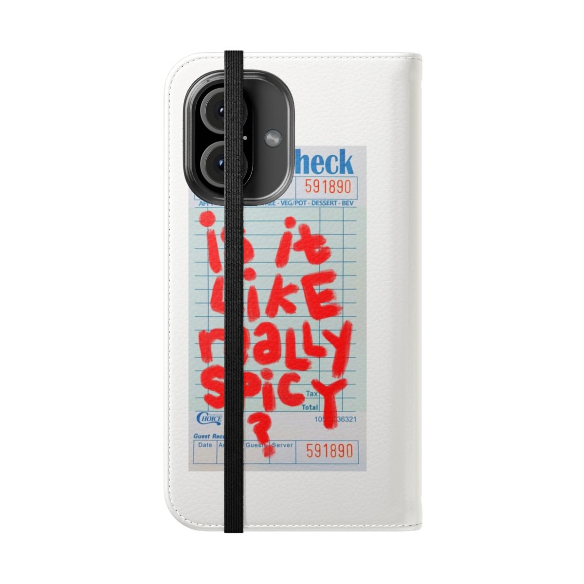 Stylish guest check pattern phone case with "is it like really spicy" design - Folded Front