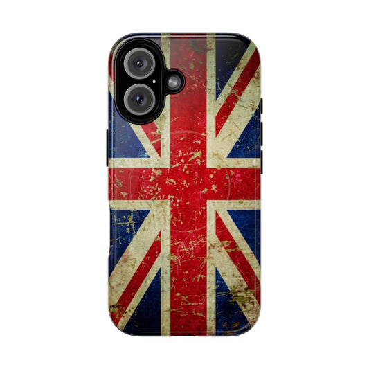 Grunge-inspired Union Jack phone case with a distressed, scratched metal effect