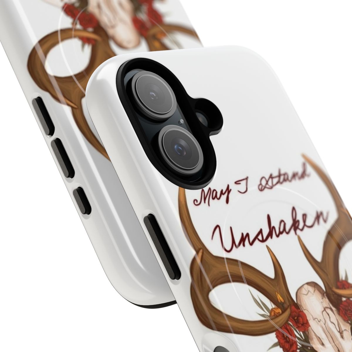 Magnetic tough phone case featuring the quote "May I Stand Unshaken" inspired by the video game Red Dead Redemption 2. - Detail