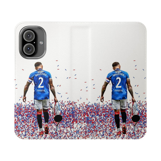 Flip cover phone case featuring an image of Rangers FC captain James Tavernier and the club's 55th league title trophy