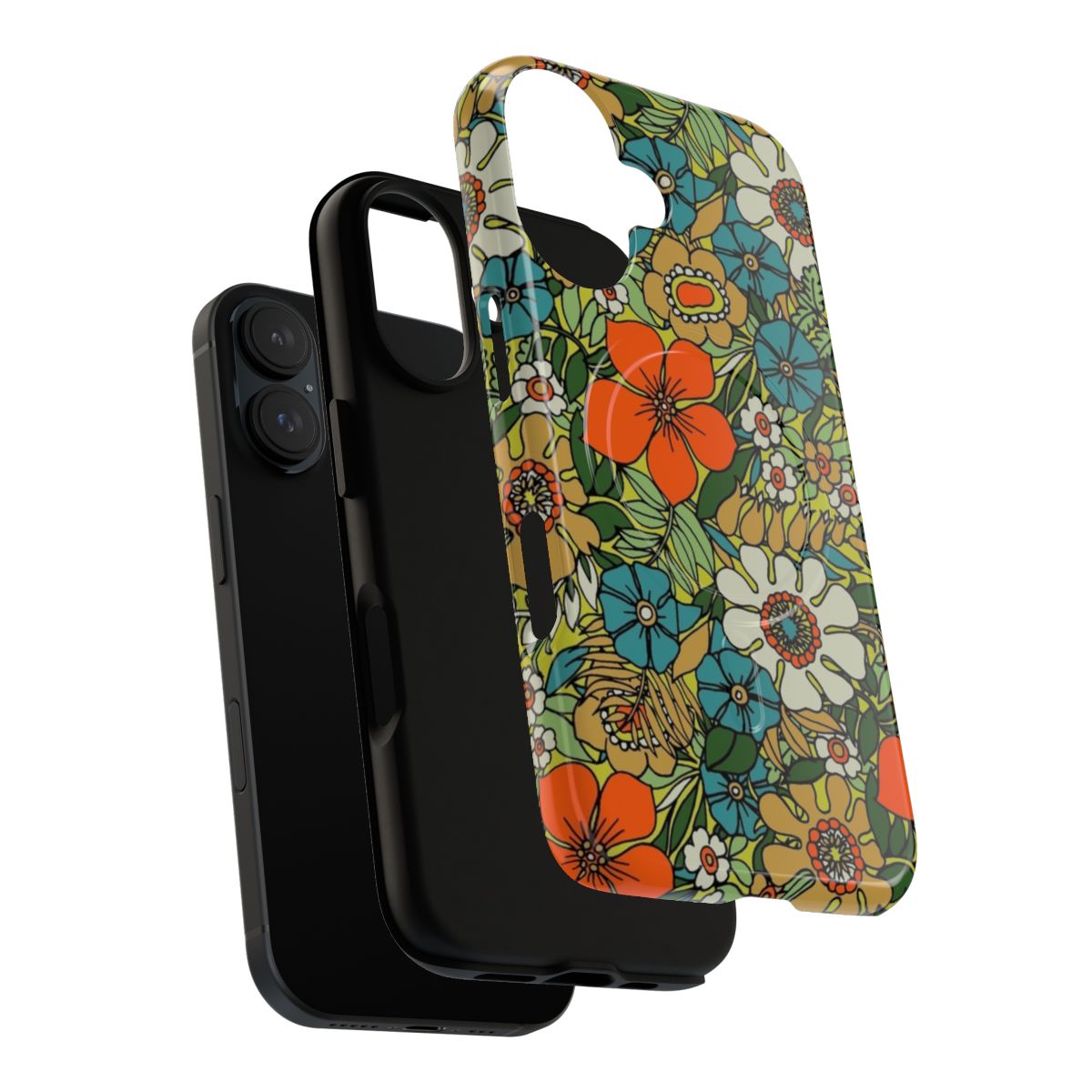 Retro flower phone case with orange, turquoise and green floral design - Layers