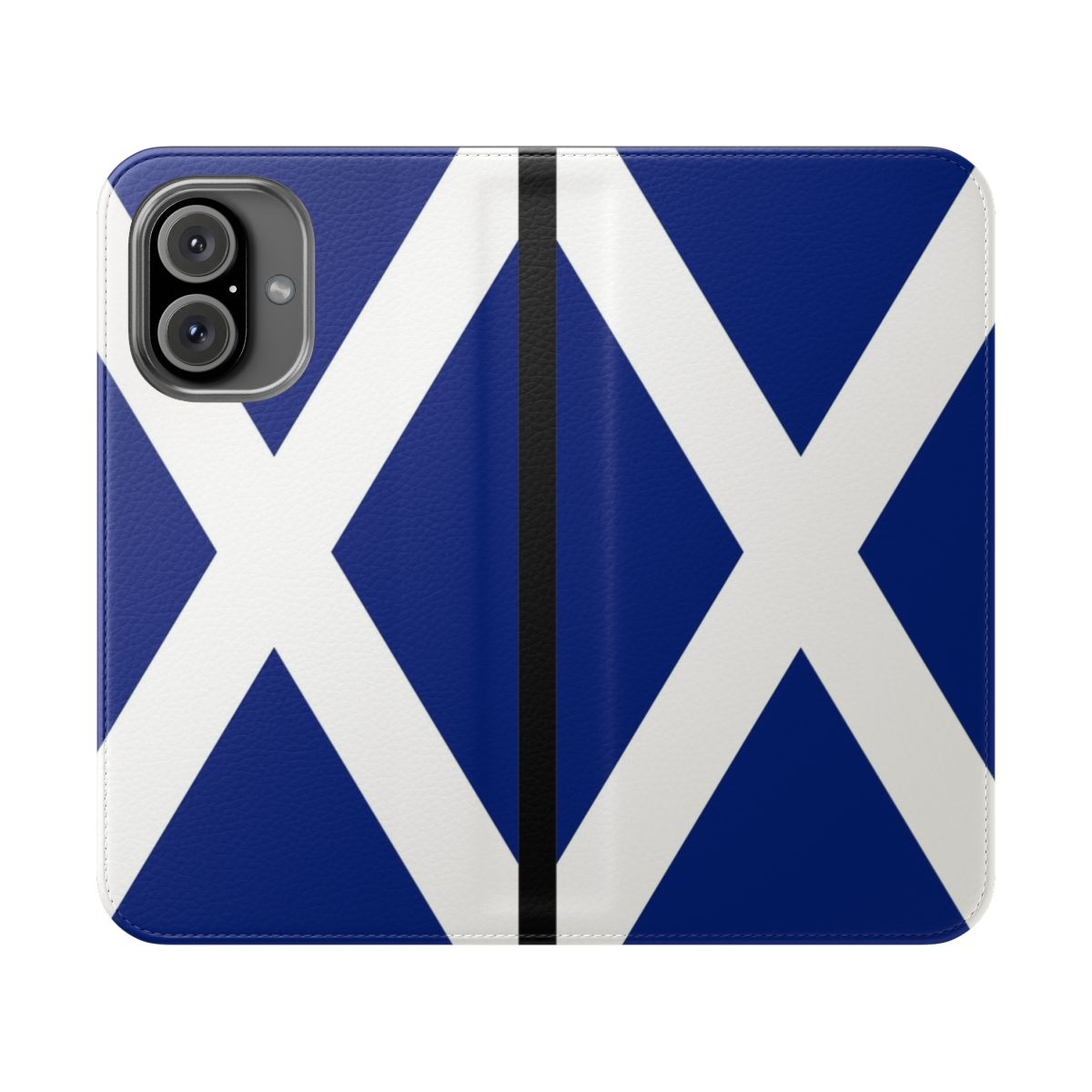 A flip-style phone case featuring the Scottish independence flag.