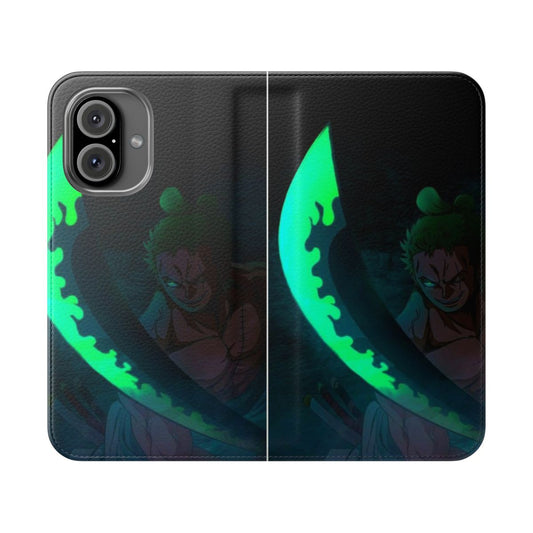 Anime-themed flip phone case with Roronoa Zoro from the popular manga and anime series One Piece