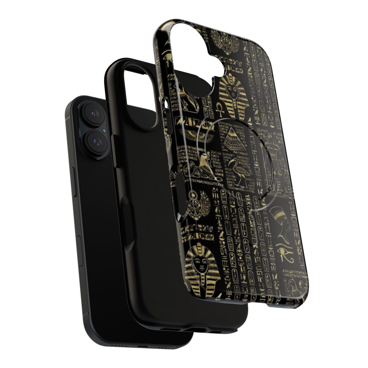 Magnetic phone case featuring ancient Egyptian hieroglyphs and deities in gold on a black background - Layers