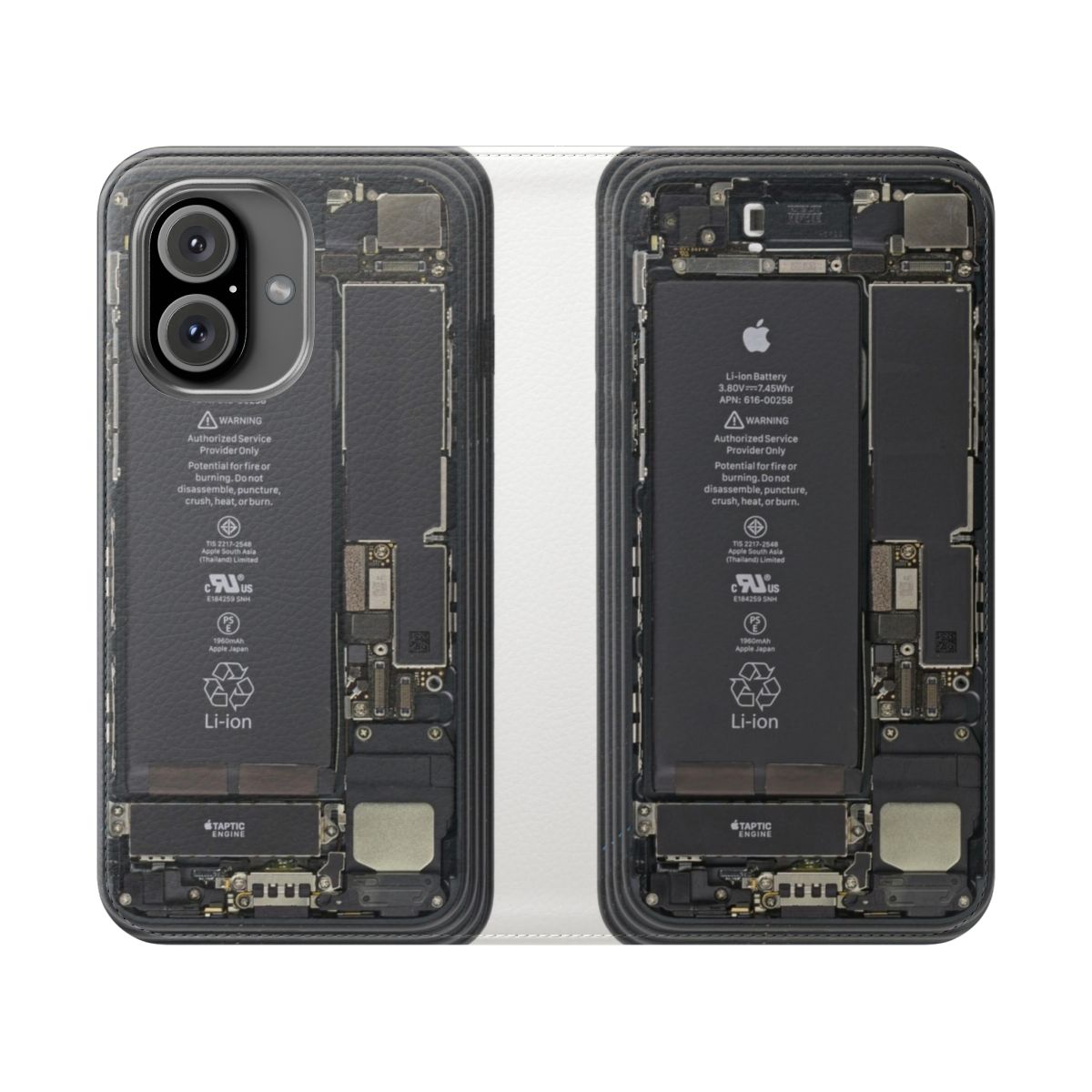 Closeup view of the interior components of an iPhone, showcased through a transparent flip case