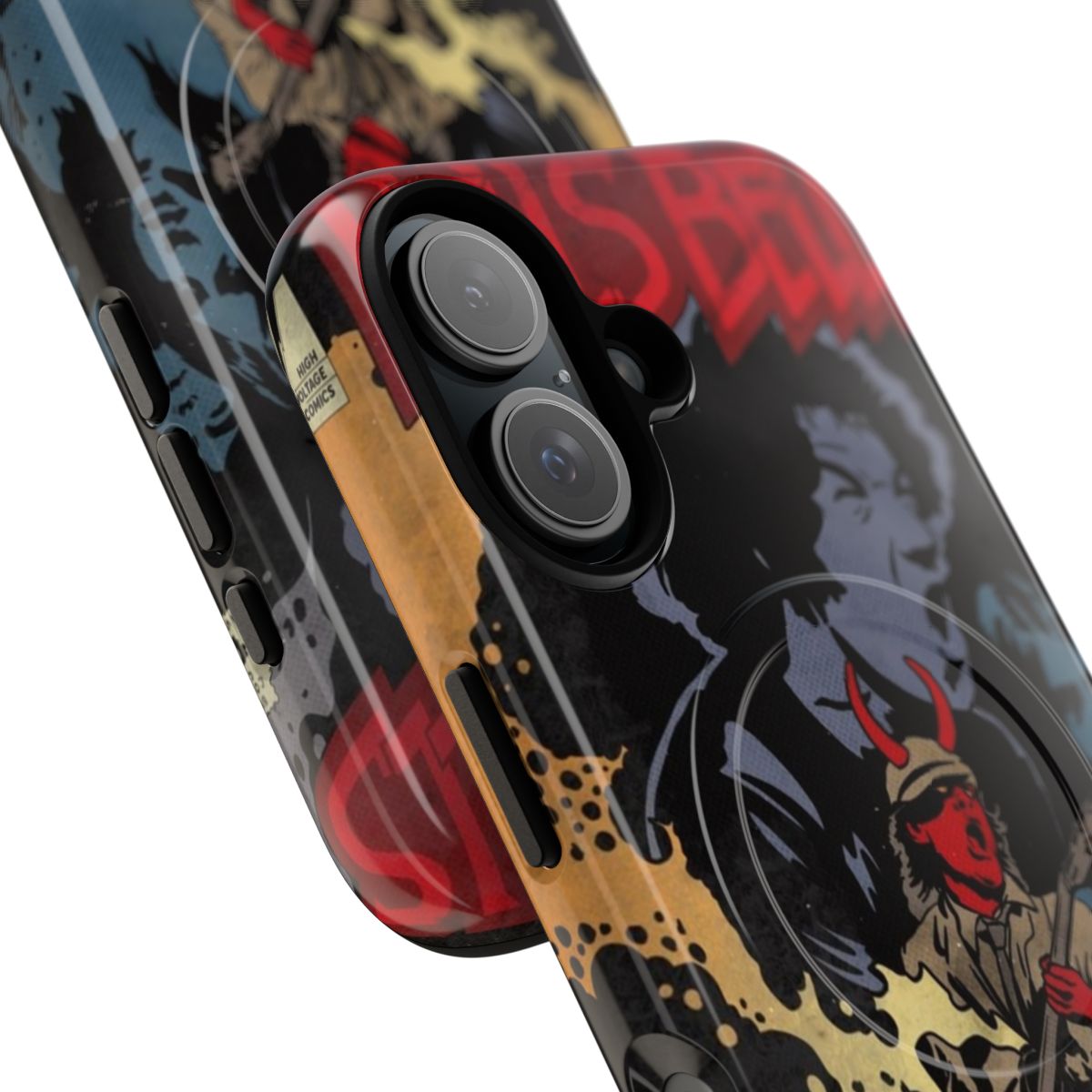 Superhero-themed phone case with heavy metal music graphics - Detail