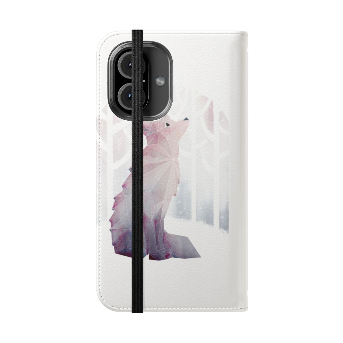 Geometric phone case with a watercolor painting of a fox in a snowy forest landscape - Folded Front