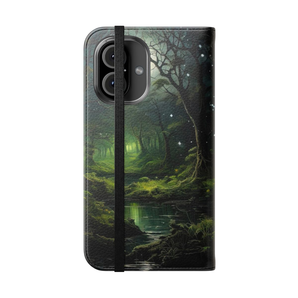 Fairy forest landscape with dark trees and glowing lights, ideal for a phone case design. - Folded Front