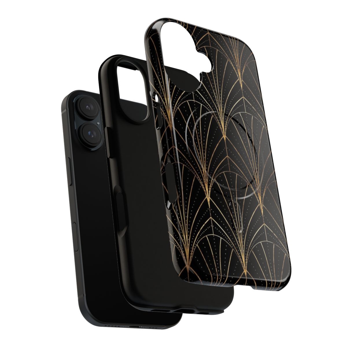 Sleek and stylish phone case with an art deco-inspired waterfall pattern in black and gold - Layers