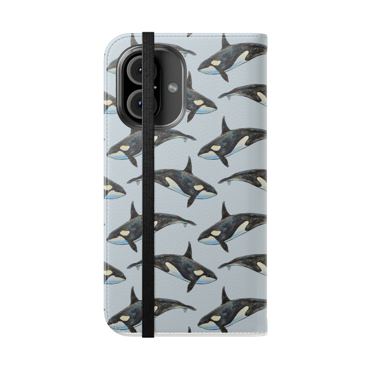 A watercolor painting of an orca or killer whale in shades of blue on a phone case. - Folded Front