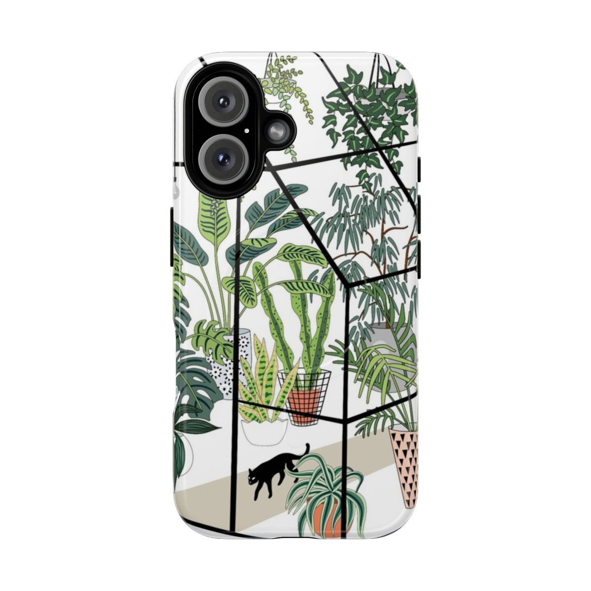 A magnetic protective phone case with a greenhouse and plant motif design.