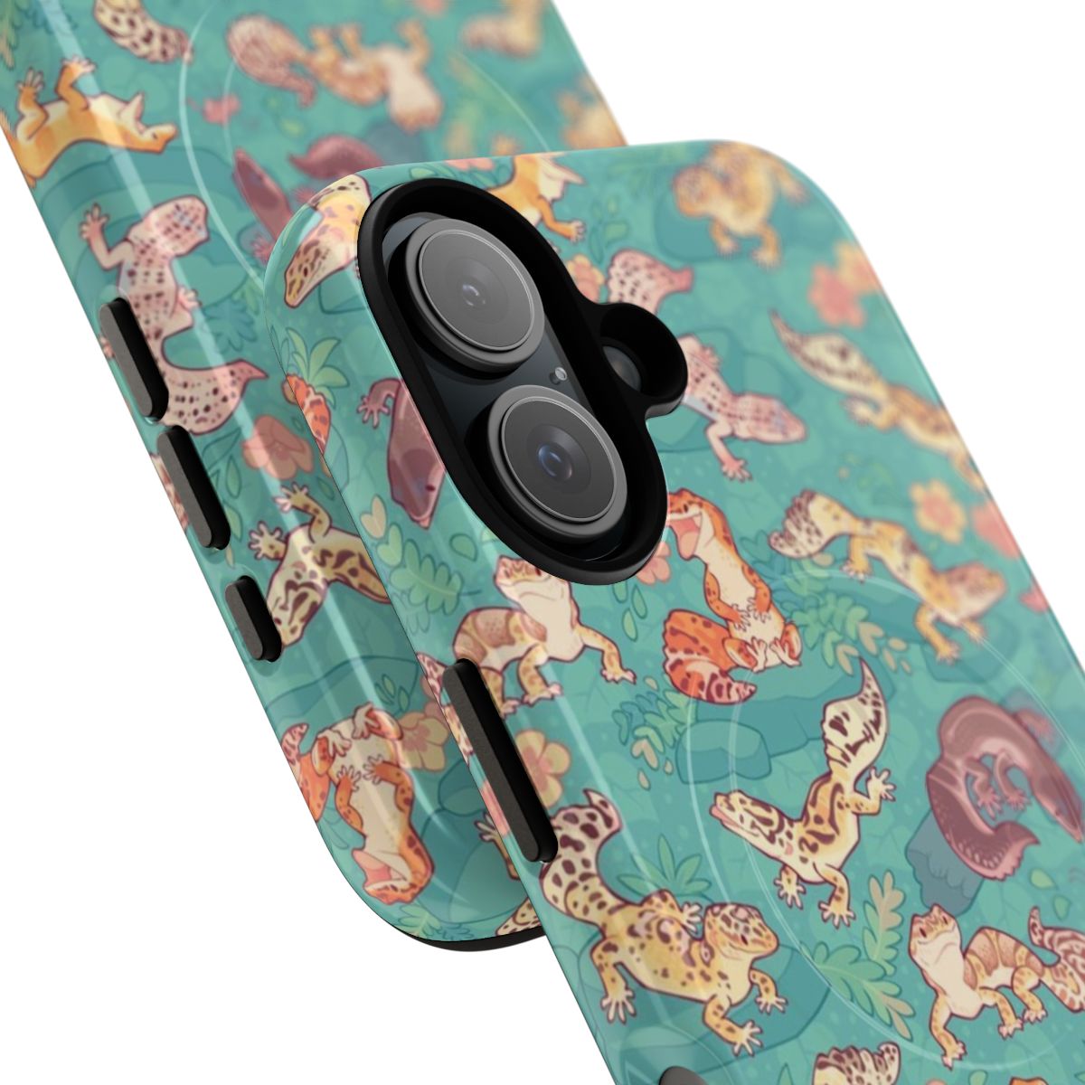 A teal colored phone case with a cute gecko pattern design. - Detail