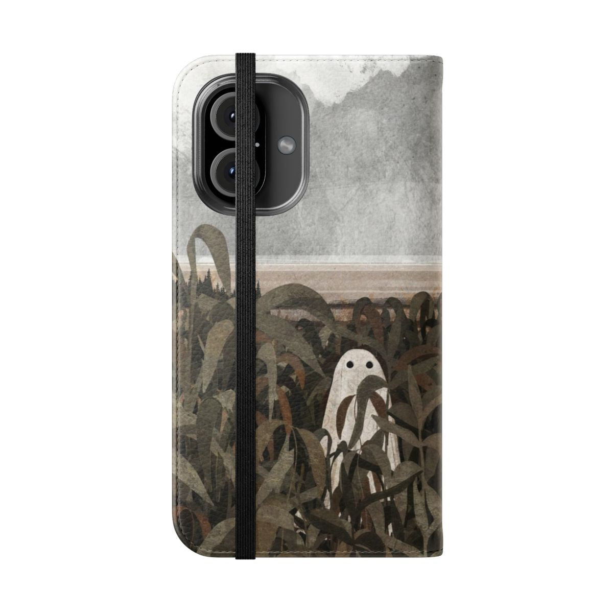 Flip cover phone case with a vintage-inspired spooky cornfield landscape design - Folded Front