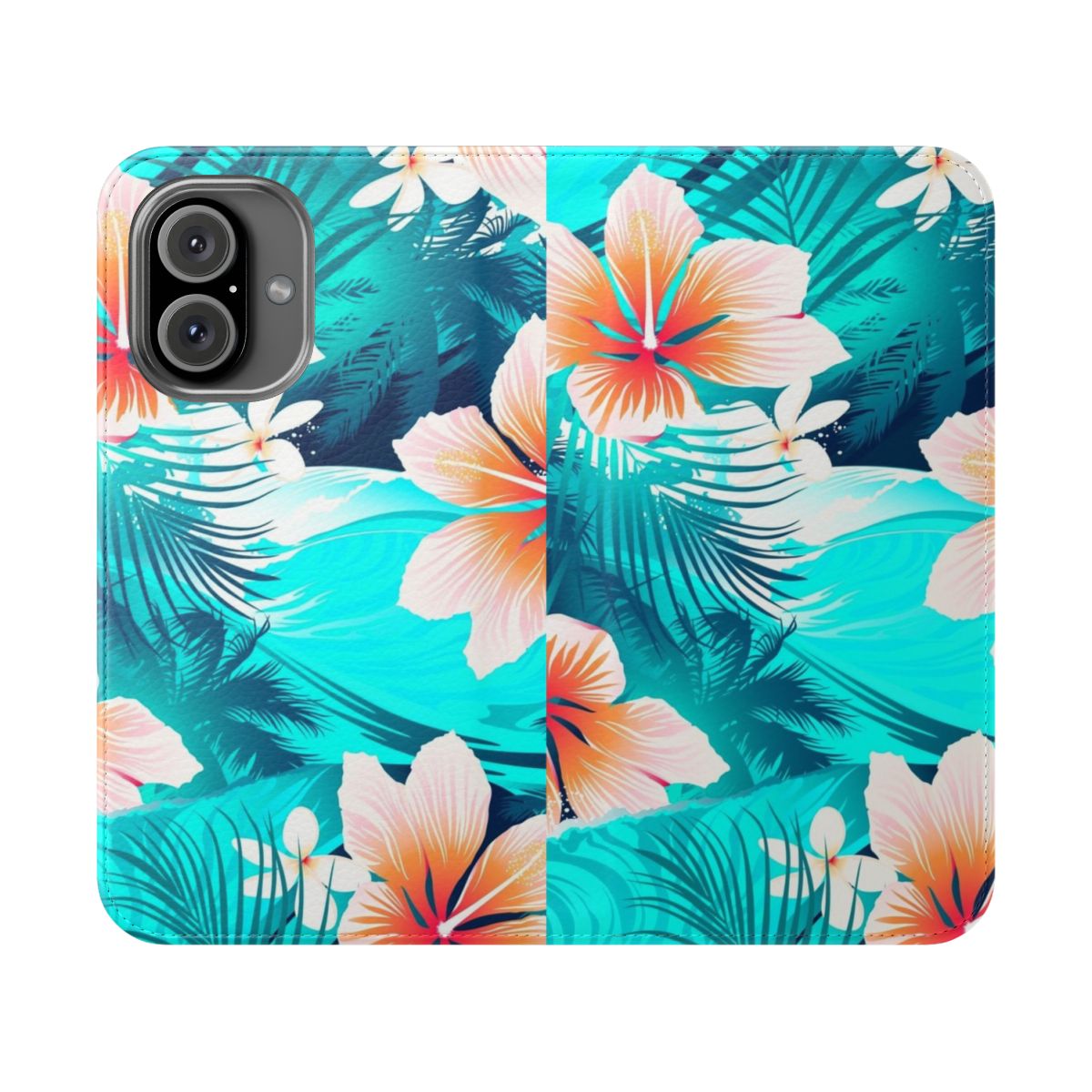 Closeup of a tropical floral phone case with hibiscus flowers and abstract palm leaves.