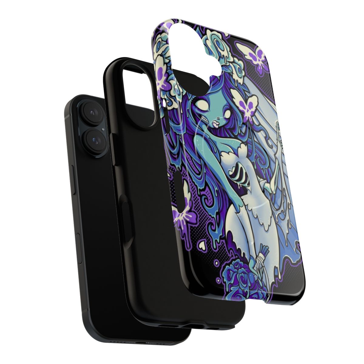 A dark and gothic phone case design featuring a decaying butterfly skeleton, skulls, and a dark floral pattern. - Layers